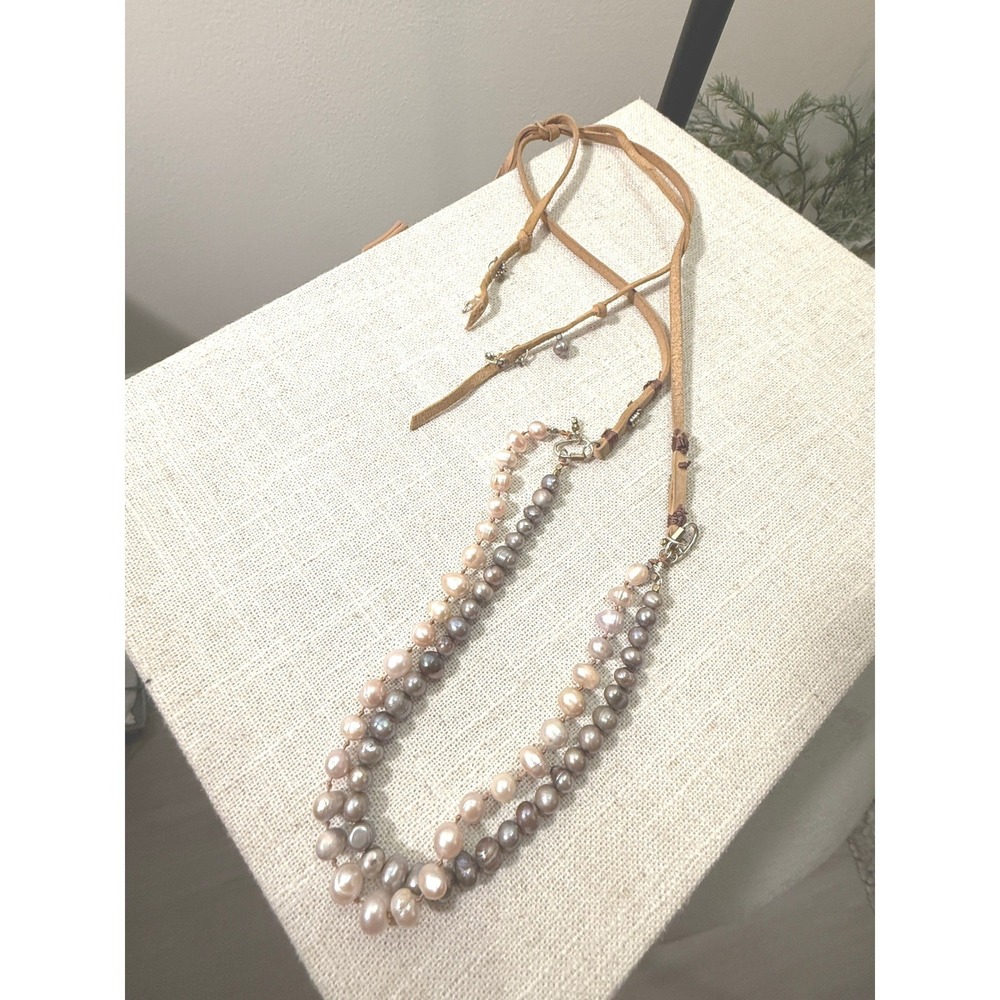 Double Strand necklace Freshwater Pearl rose Champagne western boho Leather Cord